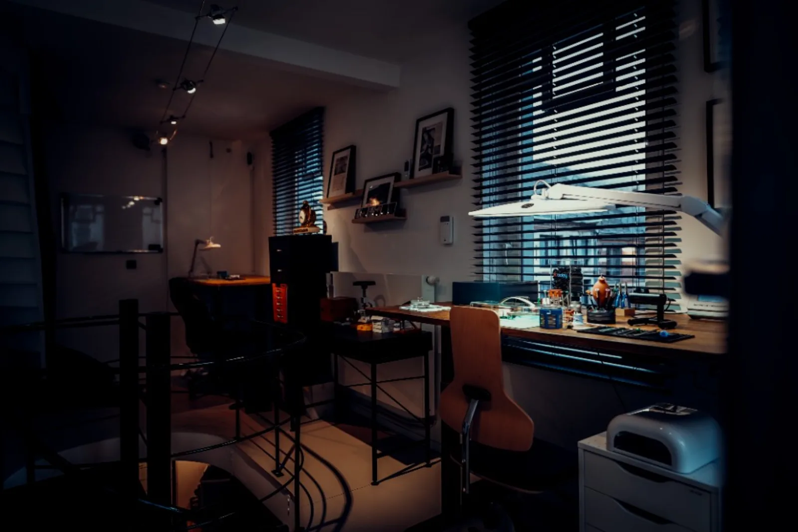The Sometimes Passion watchmaker’s bench, work lamp, tools and workshop